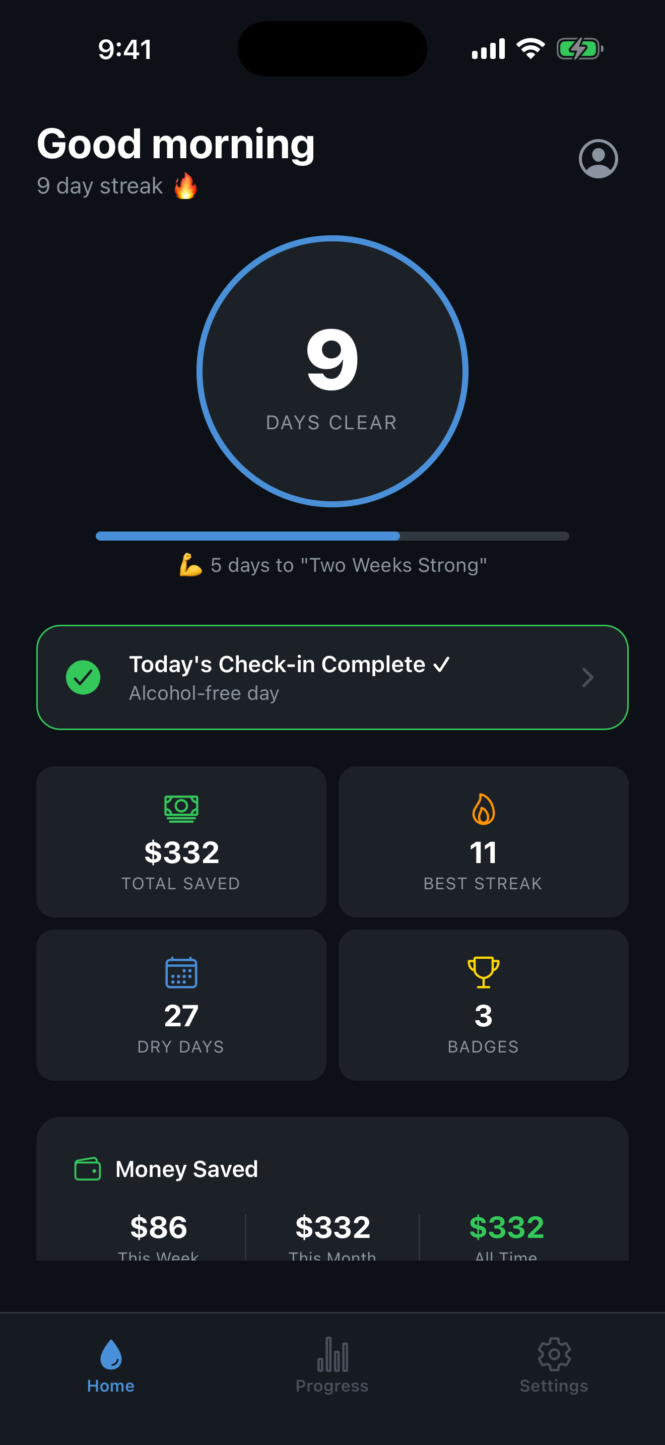 CLEAR home screen showing personal money-saved totals