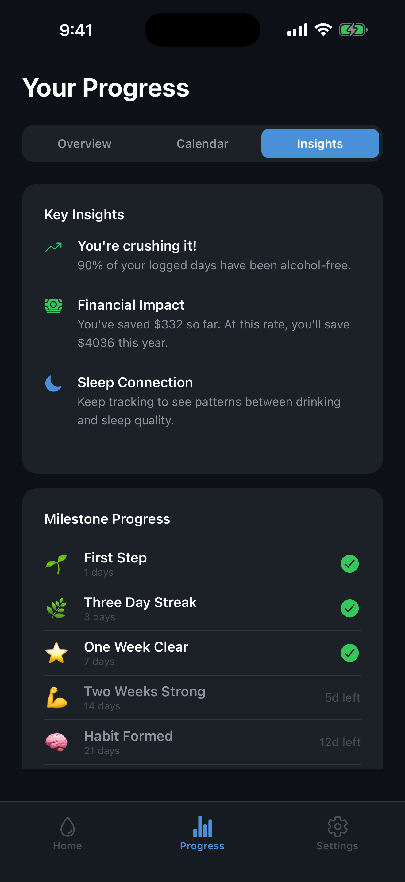 CLEAR Insights screen showing personal progress patterns